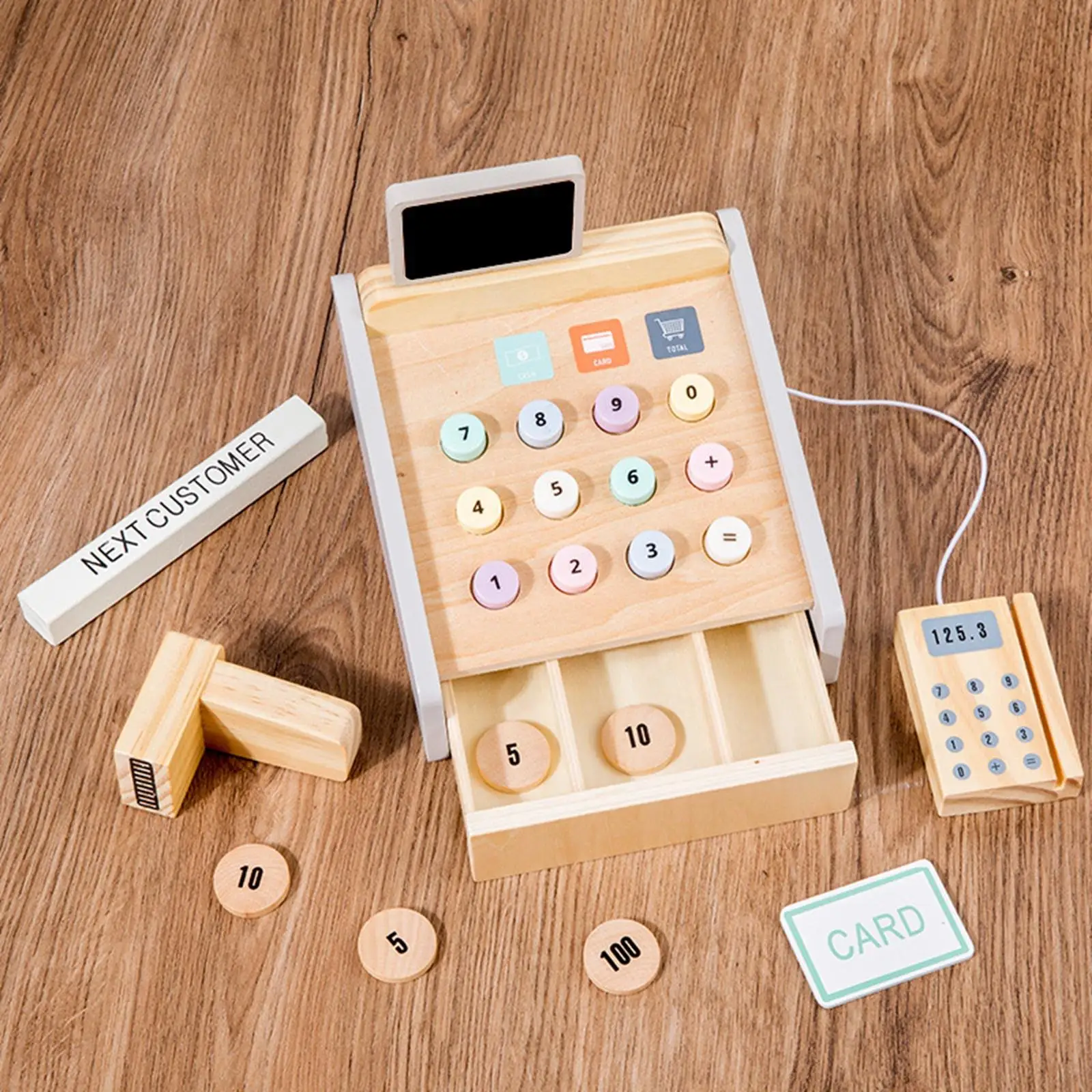 Wooden Cash Register Set with Accessories Creative Montessori Role Play Toy for Birthday Gift Children Kids Toddler Girls Boys