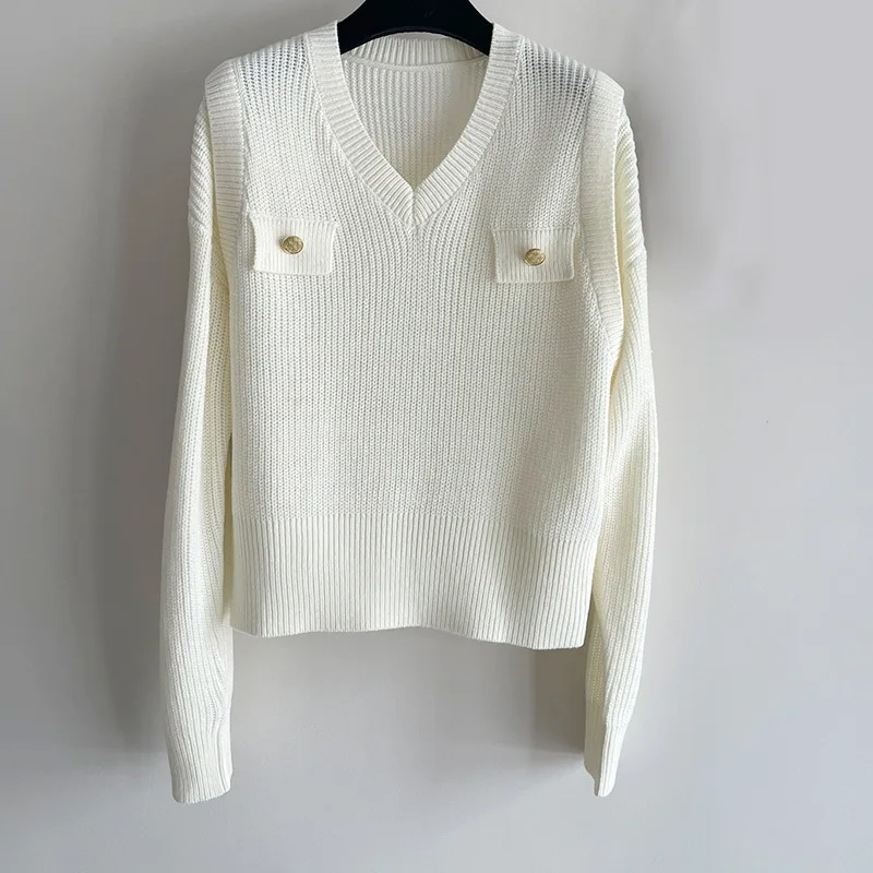 

High Quality 100% Wool Sweater 2023 Autumn Women V-neck Long Sleeve Elegant White Knit Pullover Female Casual Soft Fashion Tops