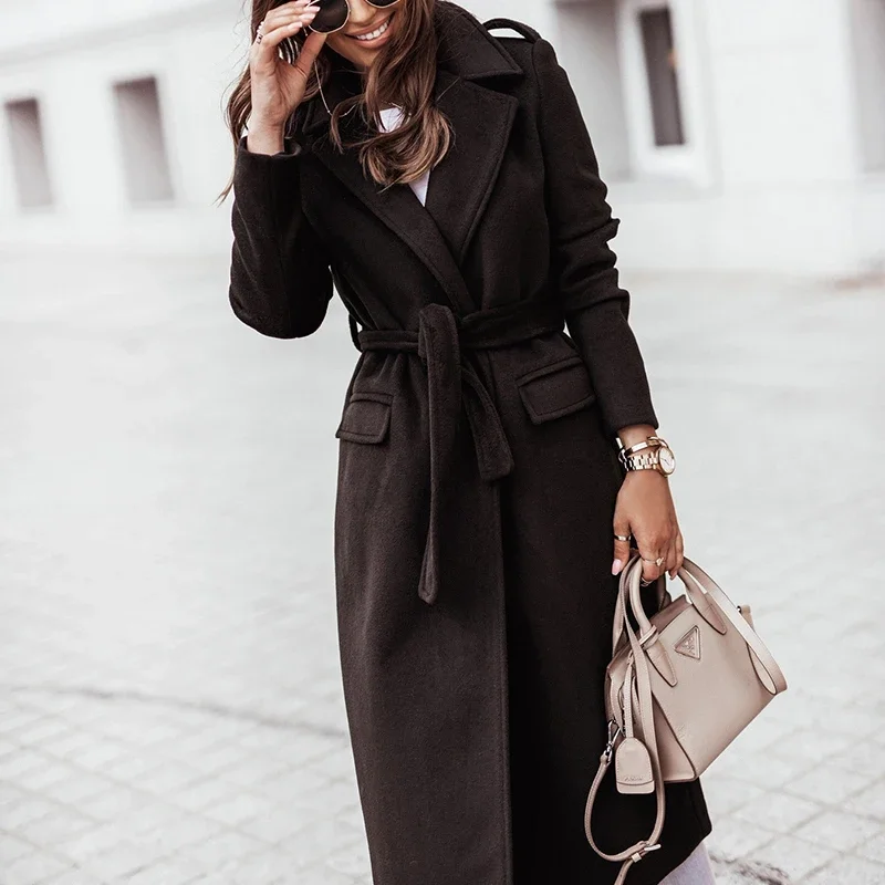 New Long Sleeve Outerwear Women Simple Lace-up Solid Long Cardigan Coats Autumn Winter Elegant Lapel Wool & Blends Jacket Tops