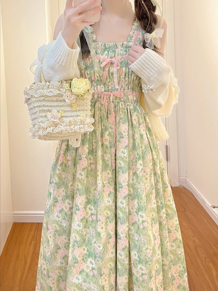 Floral Japanese Kawaii Two Piece Set Women France Elegant Bow Fairy