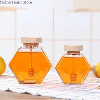Hexagonal Glass Honey Bottle Wooden Stirring Rod Honey Packaging Bottle 110/220/380ML Small Honey Bottle Container Jar 1