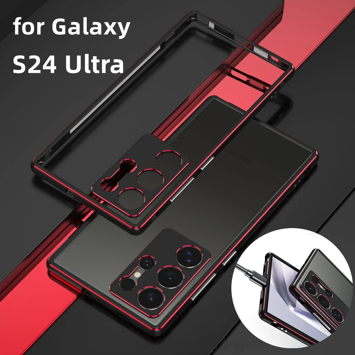 

Ультратонкий чехол-бампер из алюминия для Samsung Galaxy S24 Ultra S24U, металлический чехол для телефона +(1 стеклянная пленка + 1 мягкая задняя пленка)