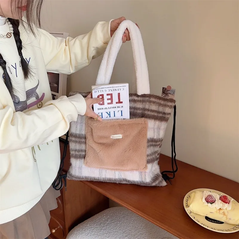 Handbag Large Capacity Student Casual Shoulder Bag Drawstring Woolen Fabric Plaid New Classic Commute All-match Purse Backpack