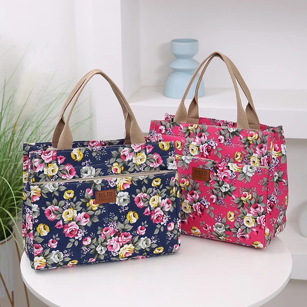 Bento Bag For Picnic Travel Fashion Floral Print Tote Bag Portable Canvas Lunch Bag Women's Casual Handbag lunch bag