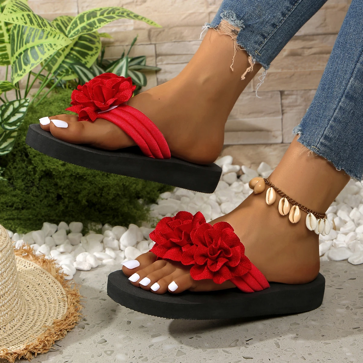 New Women's Heel Thick Sole Slides Flower Decor Comfortable Home Slippers Casual Lightweight Beach Flip Flops Women
