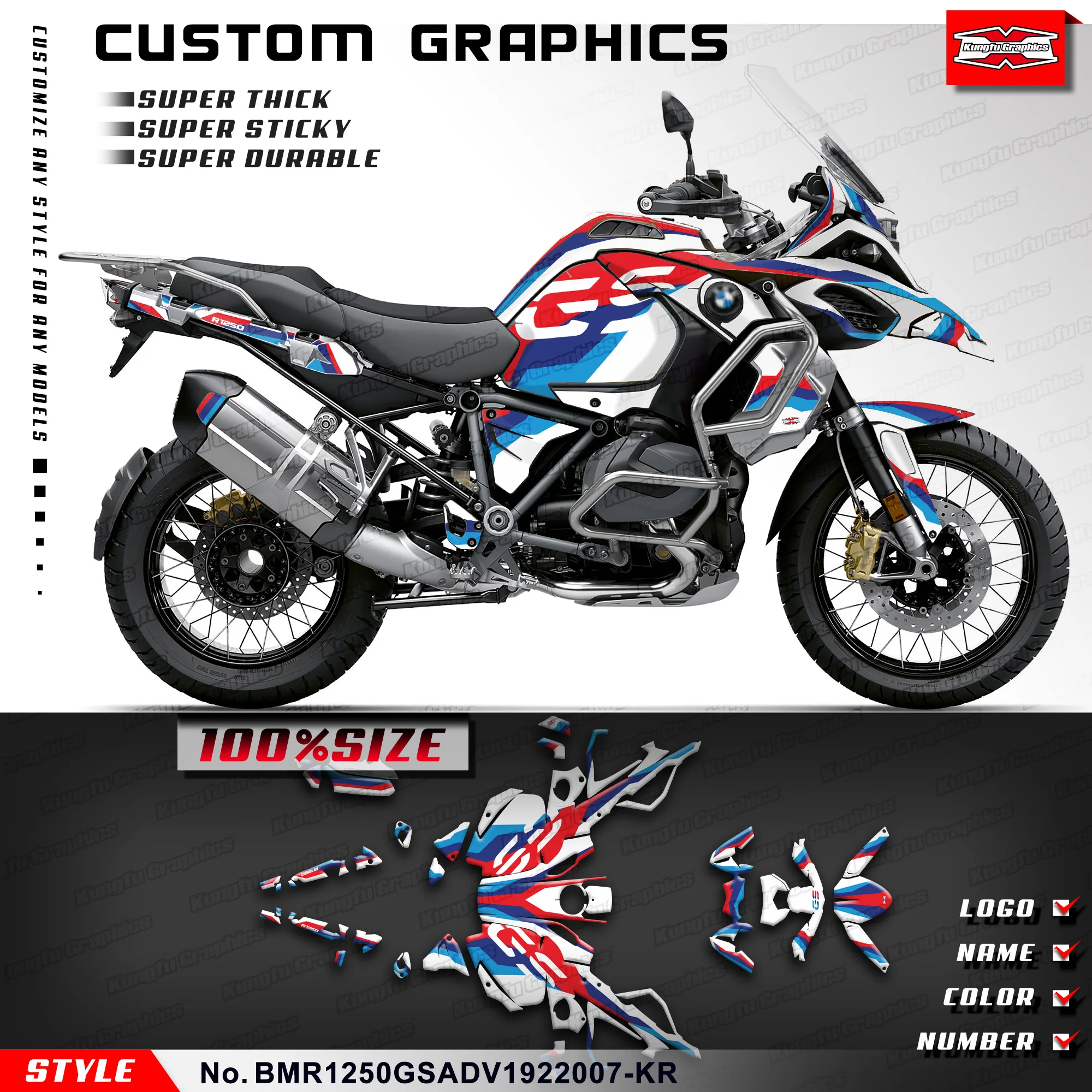 

Полный комплект виниловых наклеек KUNGFU GRAPHICS, наклейки для BMW R1250GS R1250 GS ADV Adventure 2019 2020 2021 2022, красно-синий