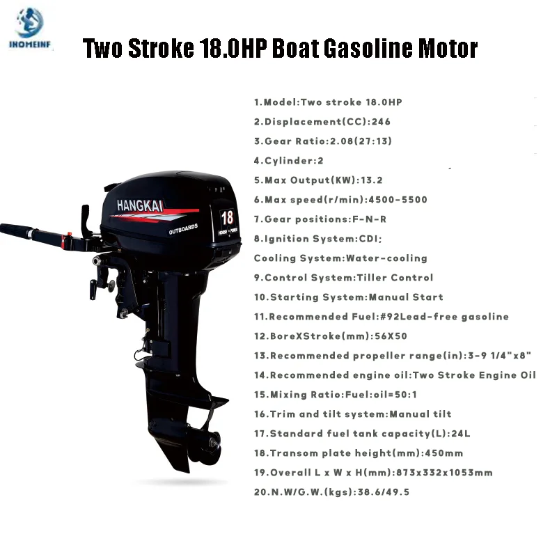 High-power Two Stroke 18.0 HP Water-cooling Gasoline Motor for Multi-size Inflatable Boat Professional Assault Boat Engine Ship