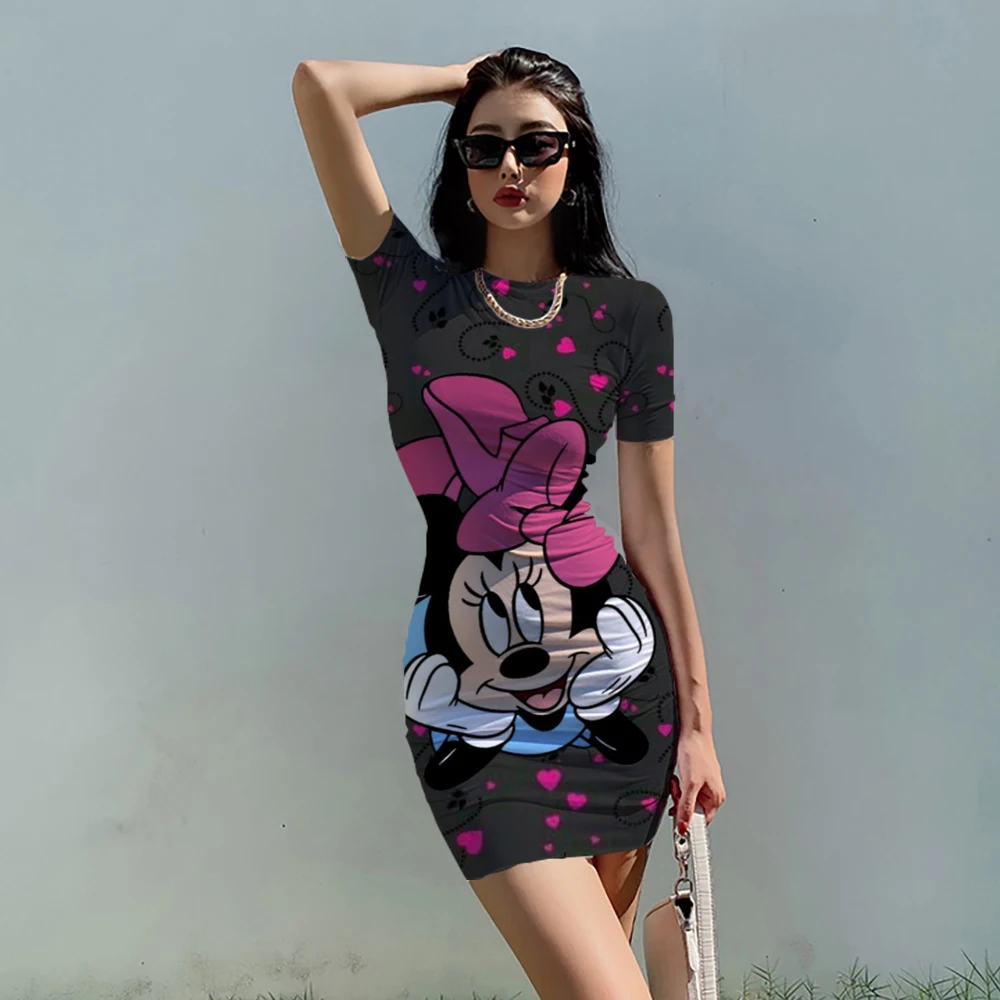 

Disney Minnie Mickey Mouse O neck Bodycon Mini Dress Basic Women Summer Short sleeve Party Sexy Clubwear Vacation Dresses