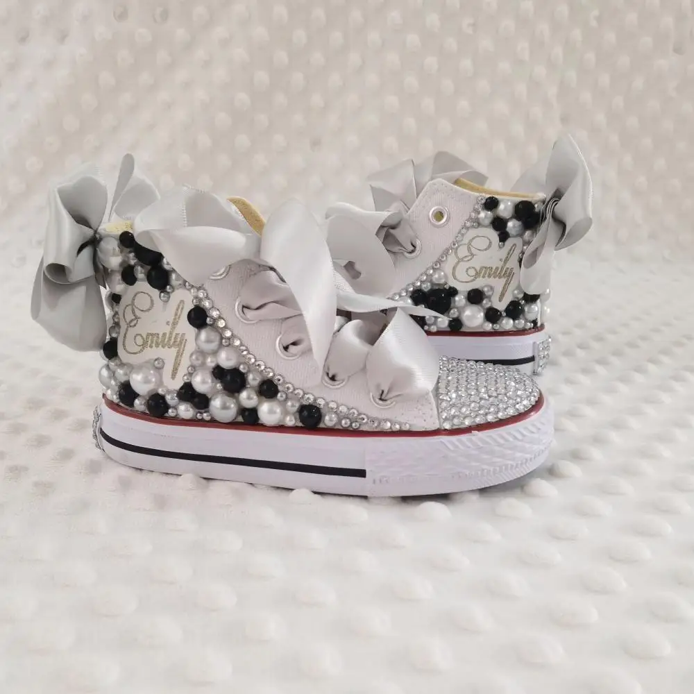 Customized Your Name Original Kid Canvas Shoes Sparkle Rhinestone cow Inspired Baby Girl Handmade Gift Crystal Flats Sneakers 2