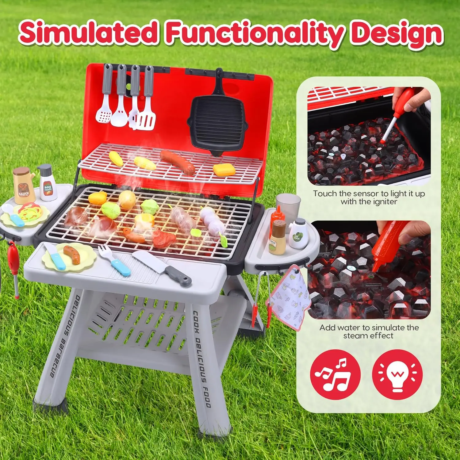 CUTE STONE Children's BBQ Grill Toy, Kitchen Playset, Realistic Smoke BBQ Grill Playset with Toy Kitchen Accessories. 5