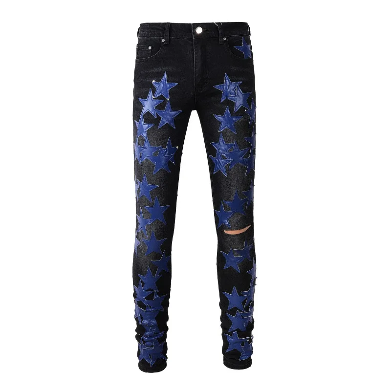 Men Leather Stars Patches Jeans Streetwear Slim Skinny Stretch Denim Pencil Pants Holes Ripped Patchwork Tapered Trousers