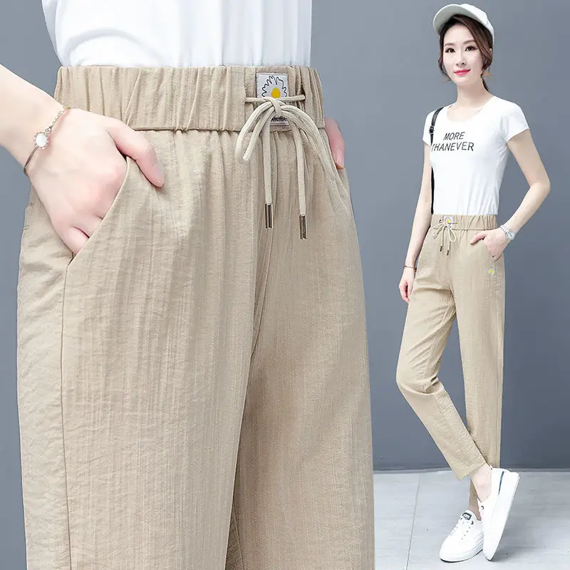 

Casual Pants Women's Summer Thin High Waist Cotton Linen Straight-Leg Pants 2022 New Slimming Elastic Loose