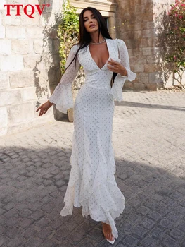 TTQV Sexy Slim Print Women's Dress 2025 Fashion V-Neck Long Sleeve Ankle Length Dresses Elegant Classic Ruffles Female Dress 1