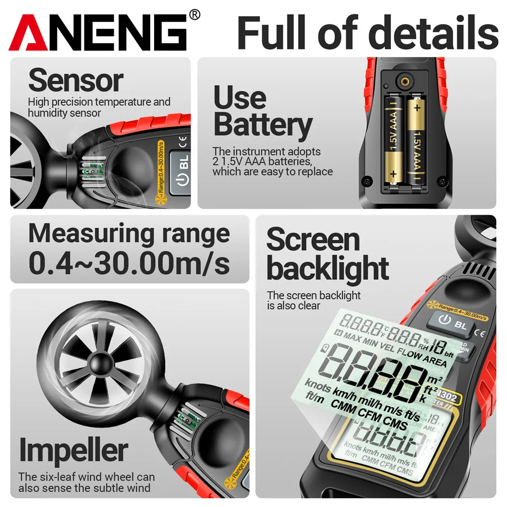 ANENG GN302 풍속계 디지털 풍속계 0.430m/s 휴대용 공기 속도계 9999 카운트 온도 습도 측정