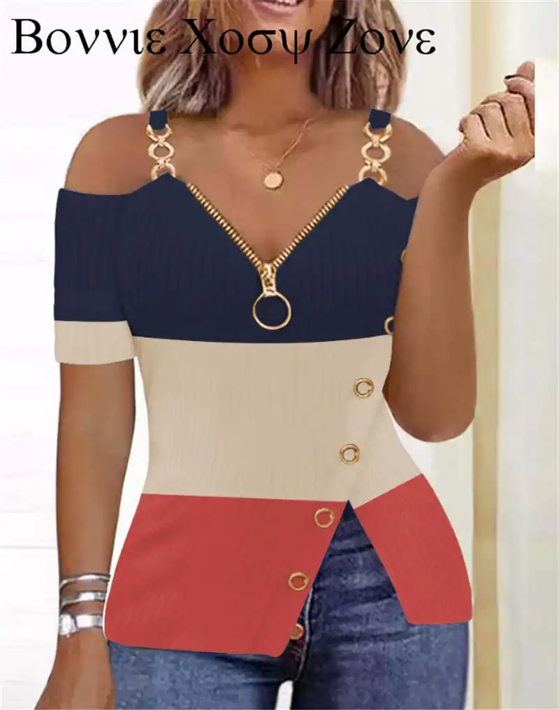 

Women Summer Short Sleeve Colorblock Zip Detail Split Hem Cold Shoulder Top