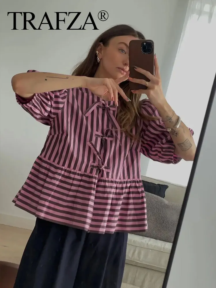 HH Bow Lace Up Blouse For Women Summer Fashion Purple Stripe Short Puff Sleeve Shirt 2024 Female Casual Streetwear Top