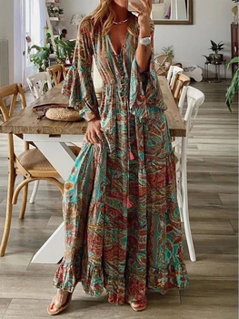 2024 European and American Bohemian style flared sleeve print V-neck high waisted vacation dress floral women's long skirt