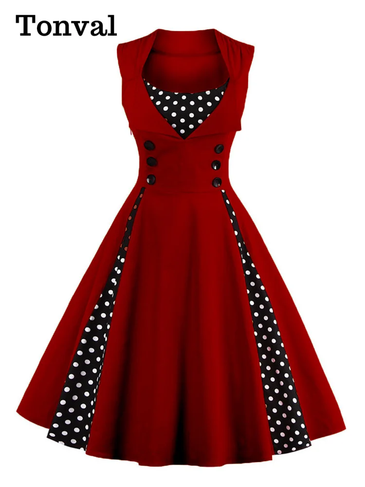 Robe Vintage Années 50 Pin-Up - Imprimé Pois - Sans Manches - Élégante Pour Soirée Ou Quotidien