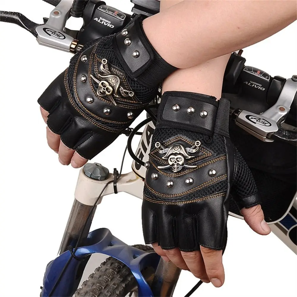 

Fashion Men Women Punk Rivet PU Leather Anti-slip Motorcycle Gloves Skulls Gloves Half Finger Gloves Cycling Gloves