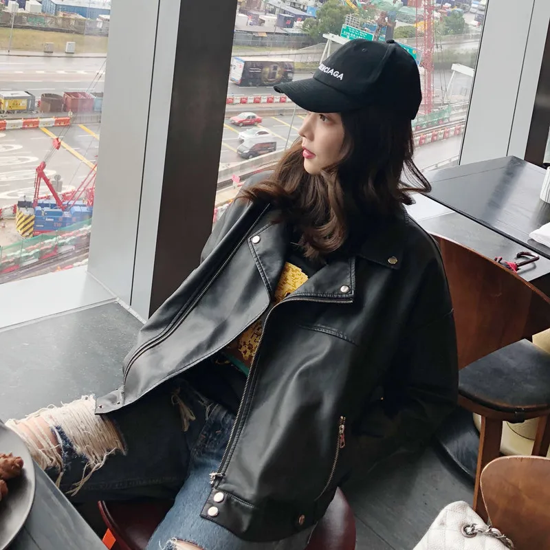 PU Moto Biker Jacket Women Loose Fit Faux Leather Coat