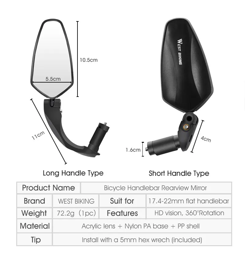 Description Picture 4 of itemWEST BIKING Bike Handlebar Mirror Cycling Rear View Mirror 360 Degree Rotating Rearview Handlebar for Bicycle Mirror