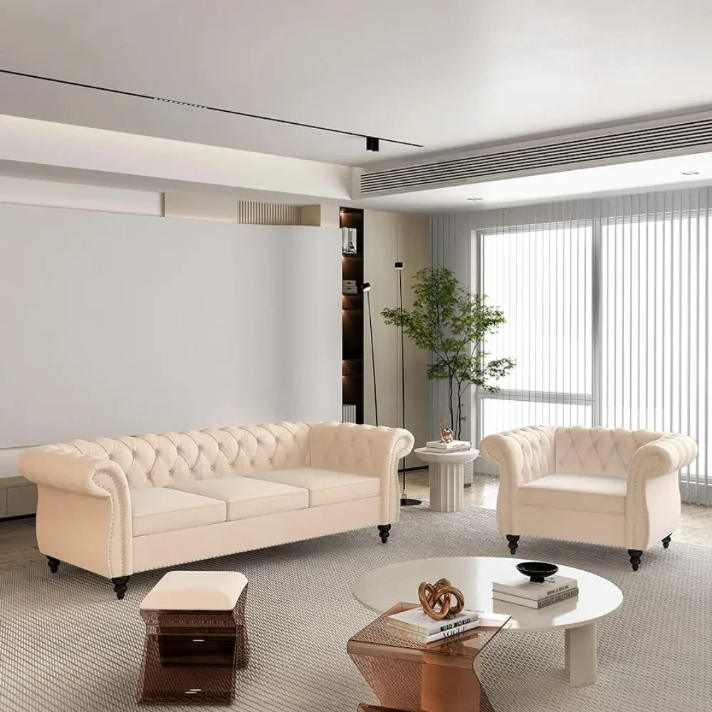 

Living Room Sofa with Scroll Armrests and Nail Heads, 2 Piece Living Room Set, Velvet Chesterfield Sofa Set