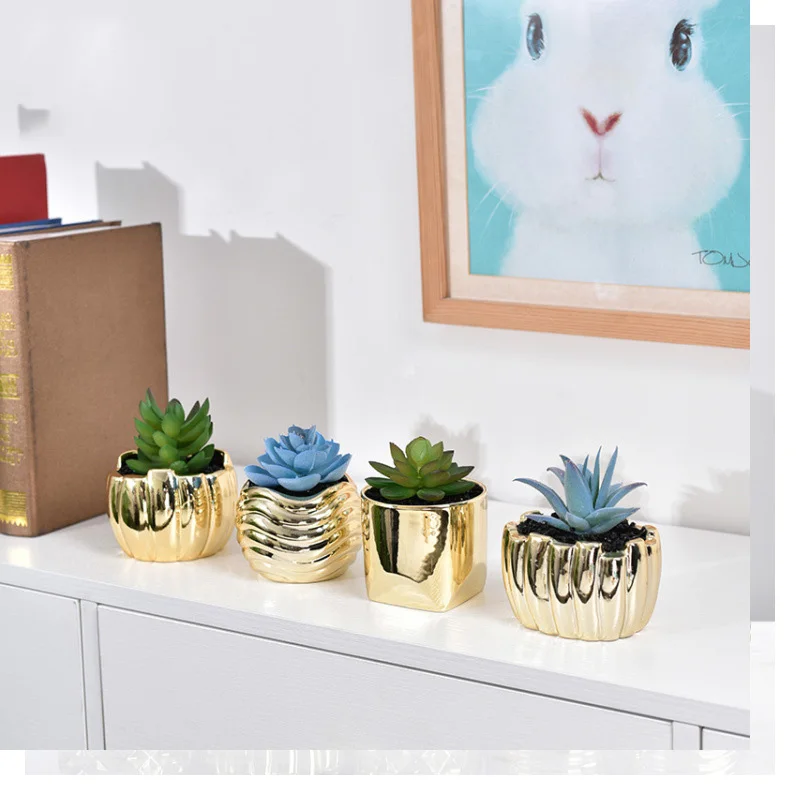 Golden succulent flower pot ceramic creative desktop flower pot flower pot living room decoration  vase decoration household 4
