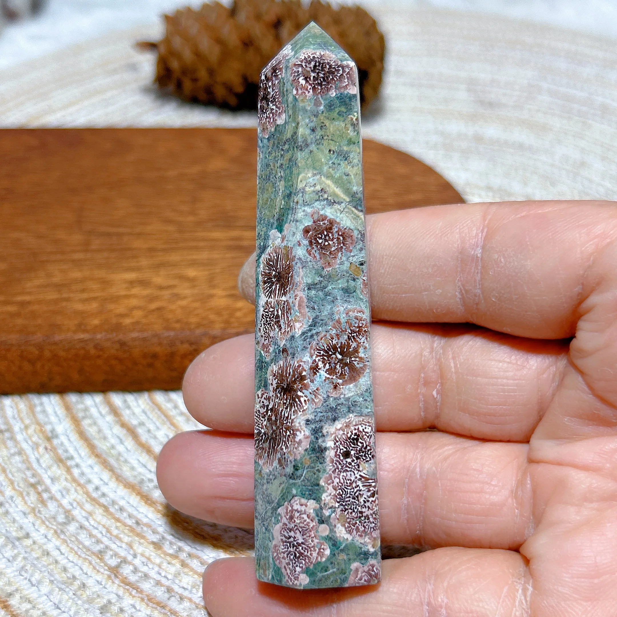 Natural Crystal Green Plum Blossom Jasper Tower Point Healing High