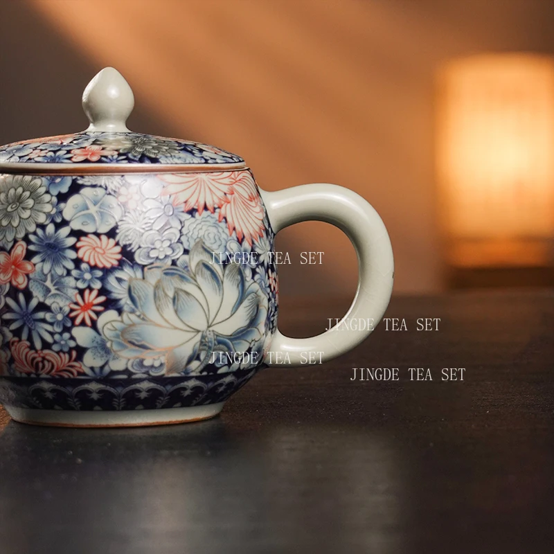 Pinched Golden Peony Teapot Sky Blue Ru Kiln Opened Han Tile Pot Household Chinese Ceramic Teapot Enamel Kung Fu Tea Set