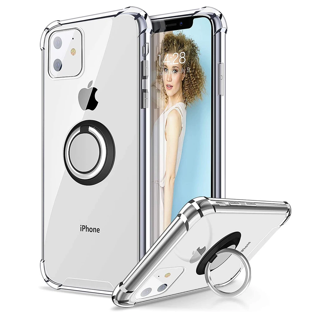 thumbnail image 1 of Transparent Ring Holder Phone Case for IPhone 13 12 Mini 15 14 11 Pro Max X XS XR 7 8 Plus Soft Shell Shockproof Cove, 1 of 5