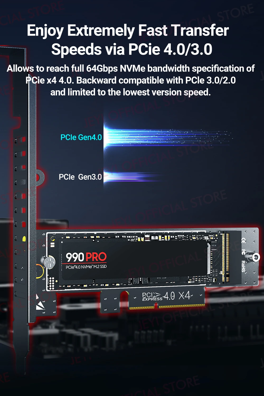 para PCIe 4.0, 3.0, Adaptador com Dissipador