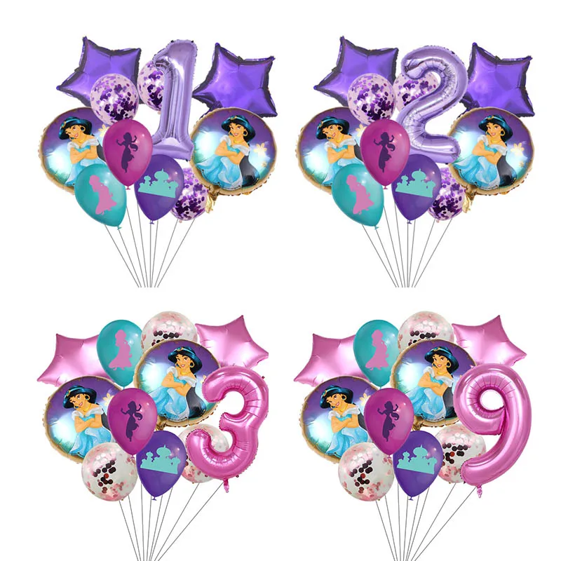 11Pcs Disney Jasmine Princess Foil Balloon 1 2 3St Birthday Party Decor Purple Number Latex Ballon Baby Kid Toy Globos Girl Gift