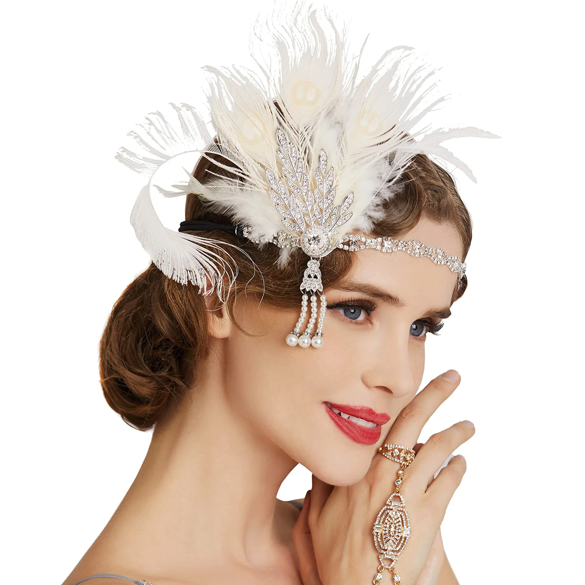 Neues Pfauenfeder Stirnband 1920er Jahre Flapeer Mädchen Kopfschmuck mit Strass Quaste Vintage Party Fotografie Haarschmuck – Detail 3