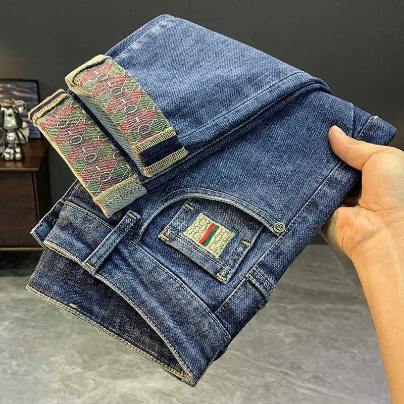 Summer thin light luxury jeans men's fashionable printed fashionable high-end Stretch Slim casual all-match cropped pants