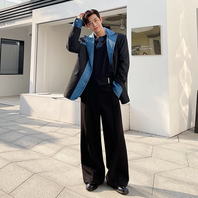 LUZHEN Trendy Denim Splicing Design Blazer Coat Men's Original High Street Color Contrast Stylish Jacket Korean 2024 New B0af0f