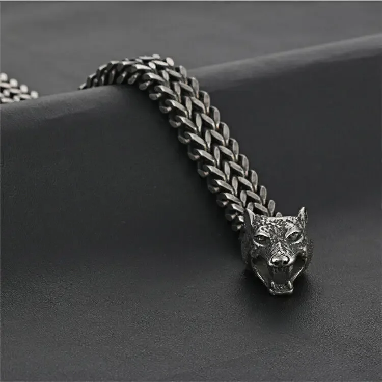 CHUANGCHENG 8 Inch Mens Black Stainless Steel Viking Fenrir Wolf Head Bracelet Chain Accessories
