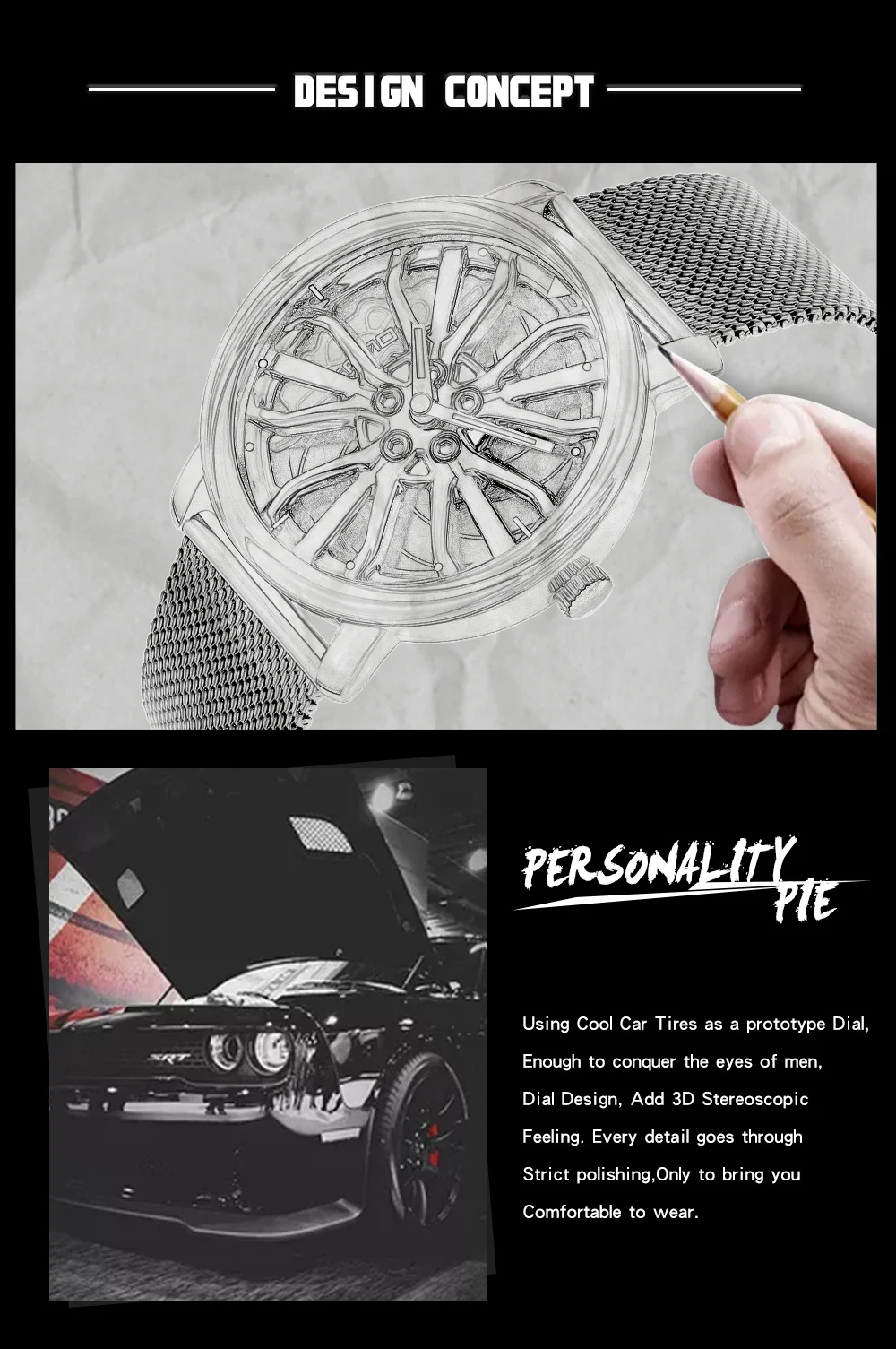 SANDA P1057 2023 New Fashion Waterproof Stainless Steel Quartz WristWatch Sports Men's Watches With Car Wheel Rim Hub Design