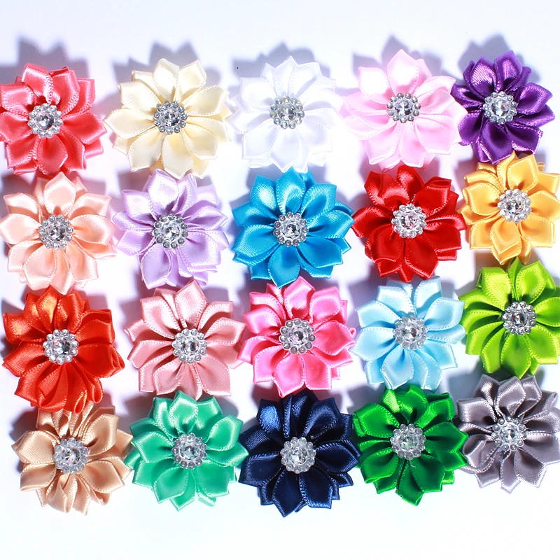 

500Pcs 4cm 1.6inch Satin Fabric Chiffon Flowers with Beads for Baby Girls Hair Accessories Headbands Hairpins Bouquet DIY