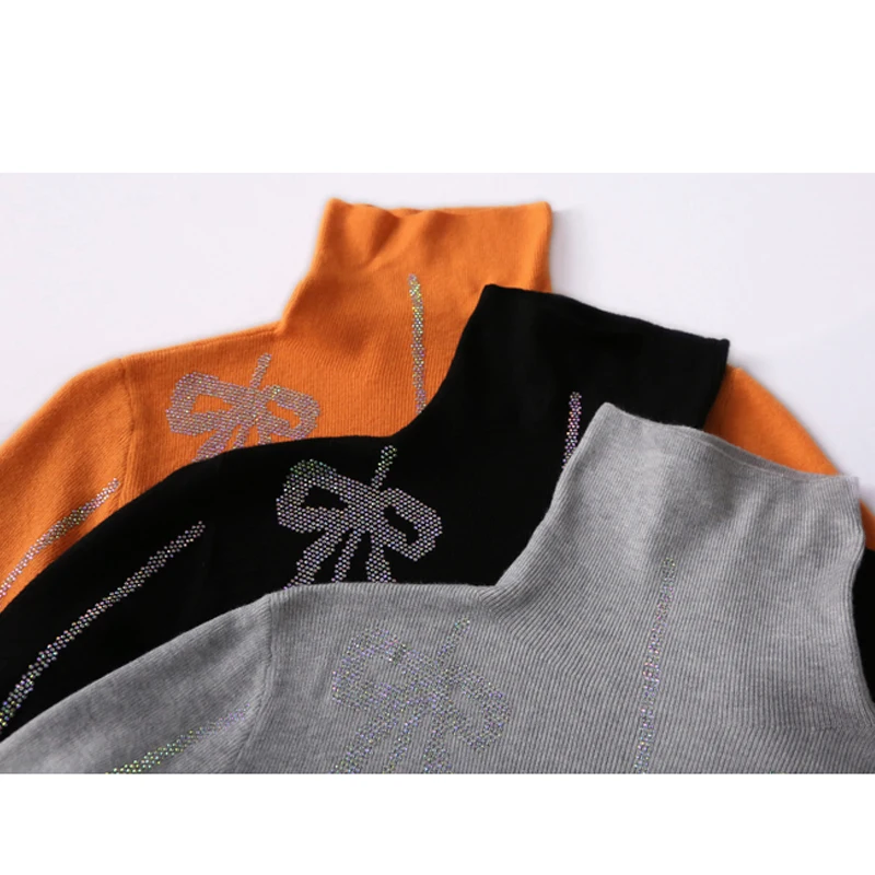 MadBlack European Clothes Sweater Women Turtleneck Bowtie Hot Drill Slim Knitwear Long Sleeve Pullover Autumn Winter T39974JC