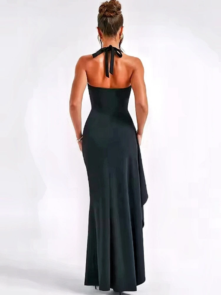 Spring and Summer New Women's Deep V Neck Lace-up Dress Fashionable Sexy Backless Split Solid Color Dress Evening Dress