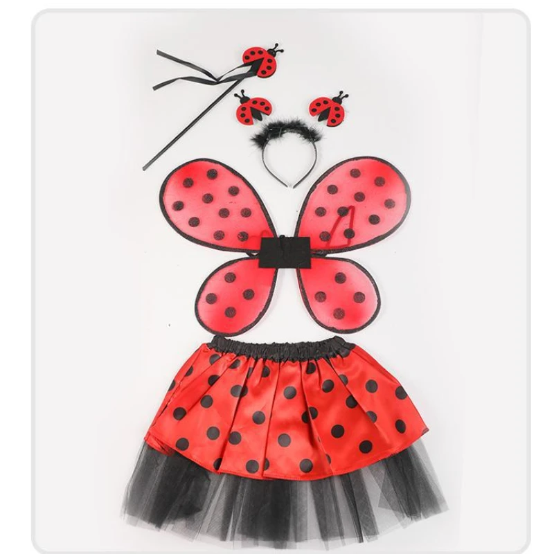 Girls Ladybug Ladybird Fairy Costume Sets Birthday Party Wings Dress Up for Halloween Tutu Magic Wand Headband Cosplay Props