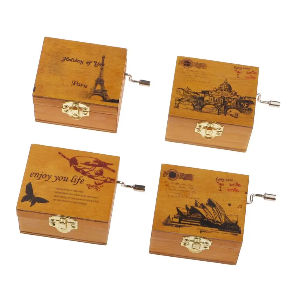 6cm Handcrafted Wooden Music Box Vintage Mechanical Musical Box Crafts Gift, Prints Castle Scenery, Castle in the Sky Tone 5
