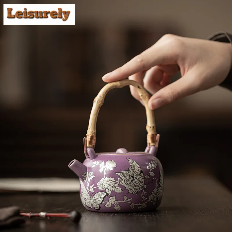 210ML Gilt Silver Butterfly Flower Lifting Handle Teapot Elegant Tea Infuser Pot Tea Making Kettle With Ball Hole Teaware Craft