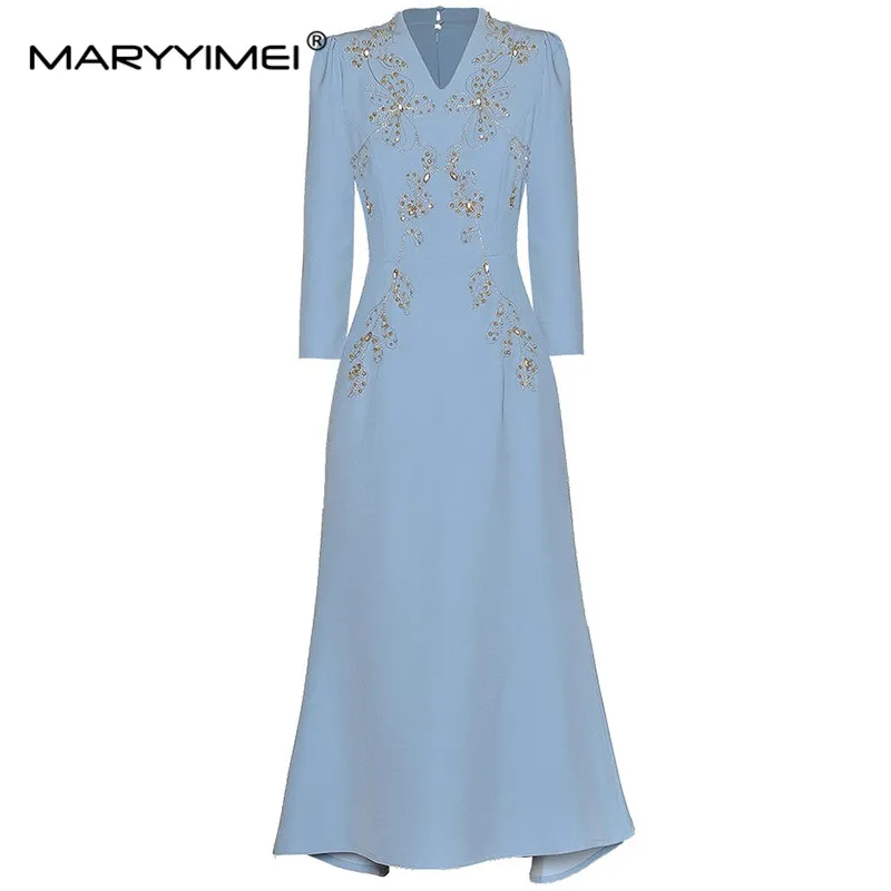 Maryyimei Mode Damen V-Ausschnitt Neun-Punkt-Ärmel Goldfaden Stickerei Nagel perlen geschlossene Taille in Hip Wrap Vintage-Kleid