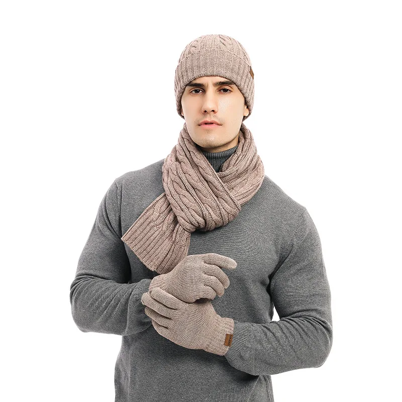 Men's Autumn Winter Keep Warm Set Solid Color Unisex Beanie Gloves Scarf Male Wool Knitted Muffler Spring Fall Fleece Lining Hat