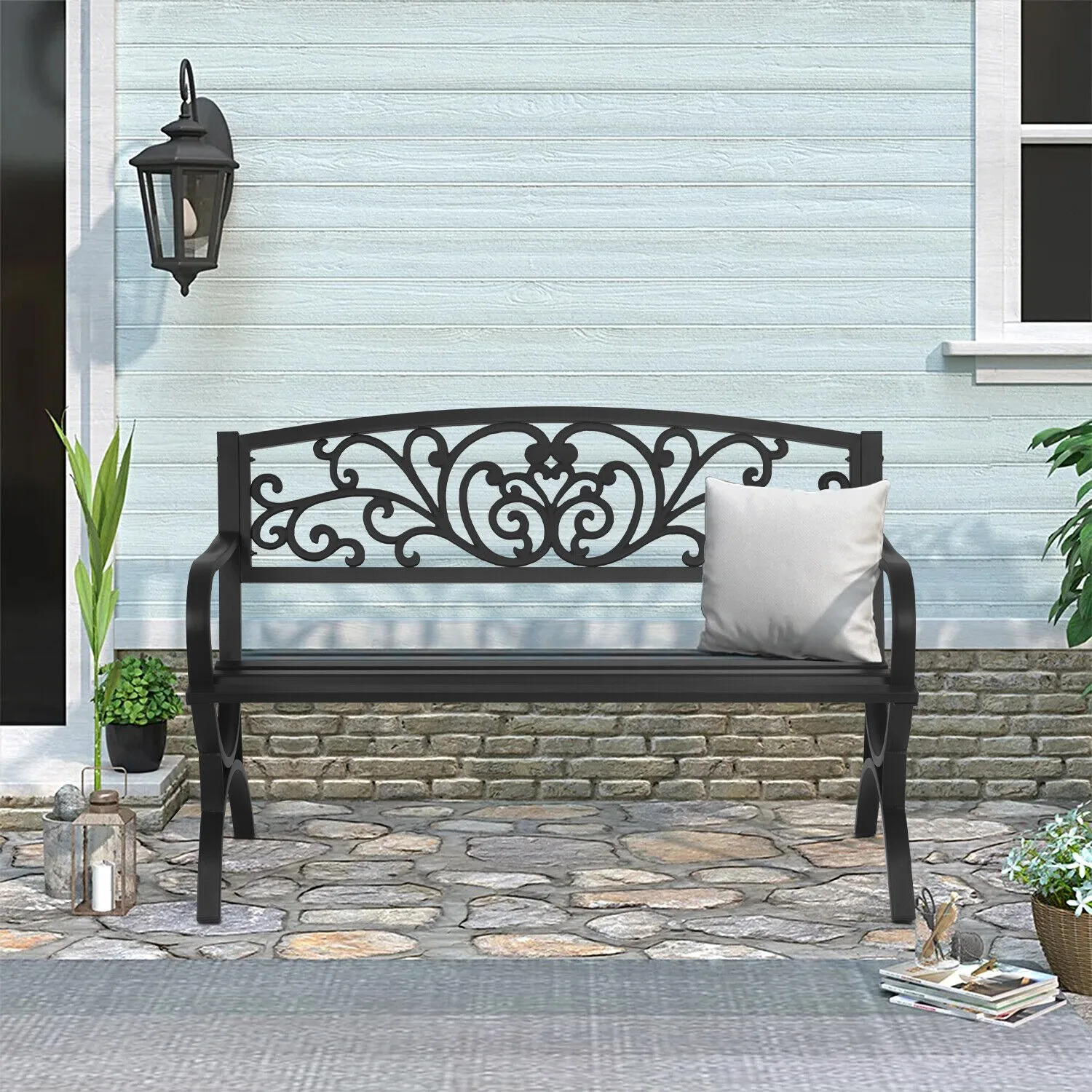 

Outdoor Bench Patio Chair Metal Garden Furniture Deck Backyard Park Porch Seat