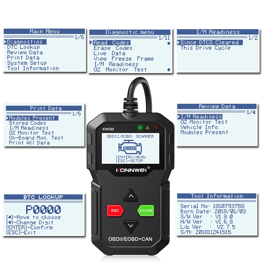 KONNWEI KW590 Car Code Reader automotive OBD Scanner Read Clear Fault code 12V Auto Diagnostic Tool Lifetime Free pk ELM327 3
