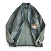 Amekaji Wear Clothes Men Blue Dyed Denim Robe Jacket Cardigan Coat Retro Washed Dyed Distressed 2
