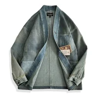 Amekaji Wear Clothes Men Blue Dyed Denim Robe Jacket Cardigan Coat Retro Washed Dyed Distressed 2