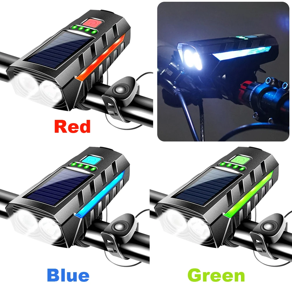 Solar Power Bike Front Light with 130db Horn LED Bicycle Light USB Rechargeable Bicycle Flashlight Bicycle Accessories_voghion.com